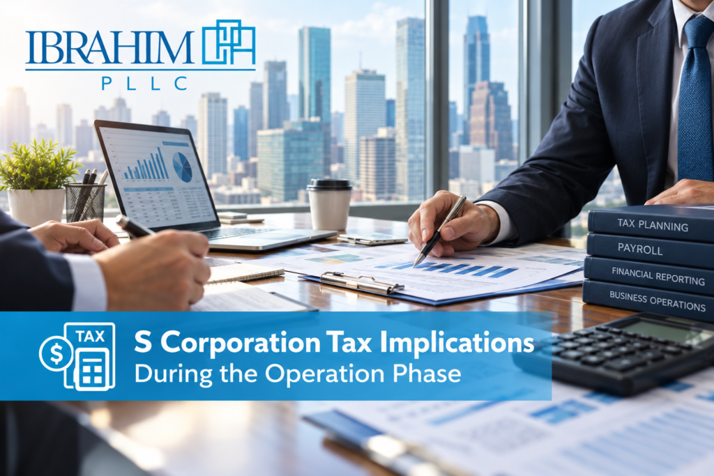 S corporation owners reviewing payroll, financial reports, distributions, and tax planning
